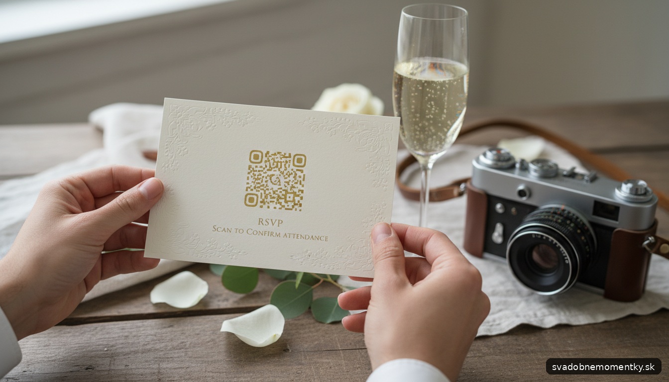 detail: ruky držia elegantnú svadobnú kartičku s QR kódom na potvrdenie účasti RSVP