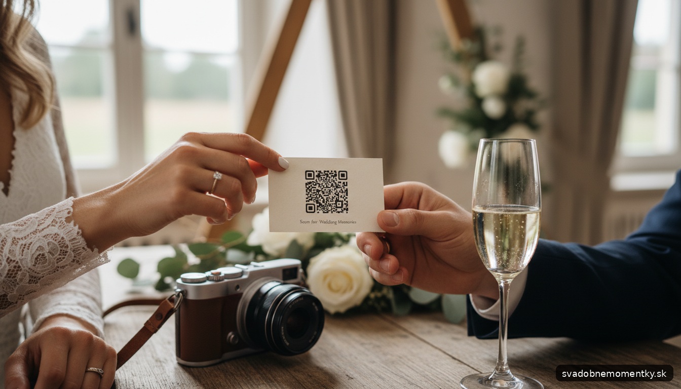 detail: záber rúk nevesty a ženícha, ktorý drží malú kartičku s QR kódom na zdieľanie svadobných fotografií a momentiek