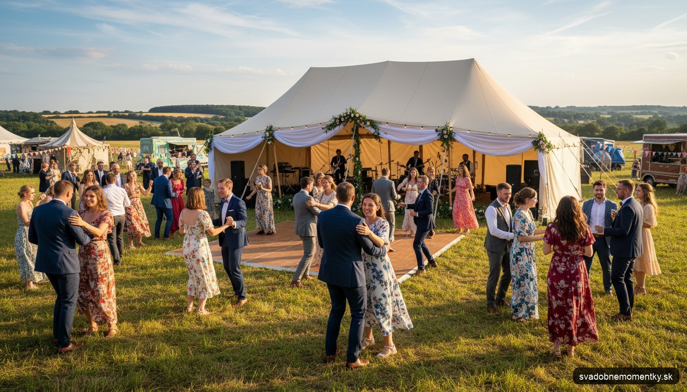 veľkého svadobného stanu na lúke počas letného festivalu, hostia tancujú a zabávajú sa, hero obrázok v úvode článku