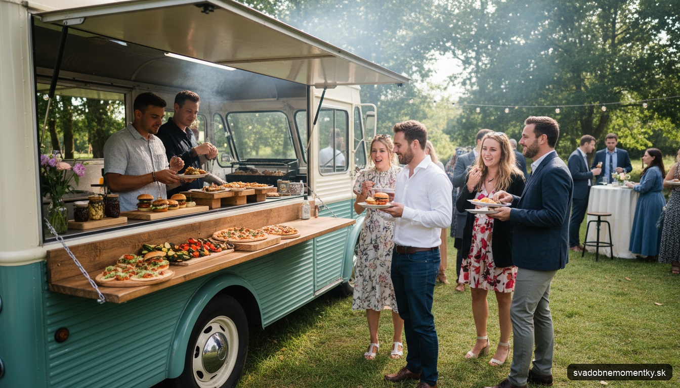 z food trucku na svadbe s hosťami v ležérnom oblečení, ktorý ponúka rôzne chutné jedlá, obrázok do stredu článku
