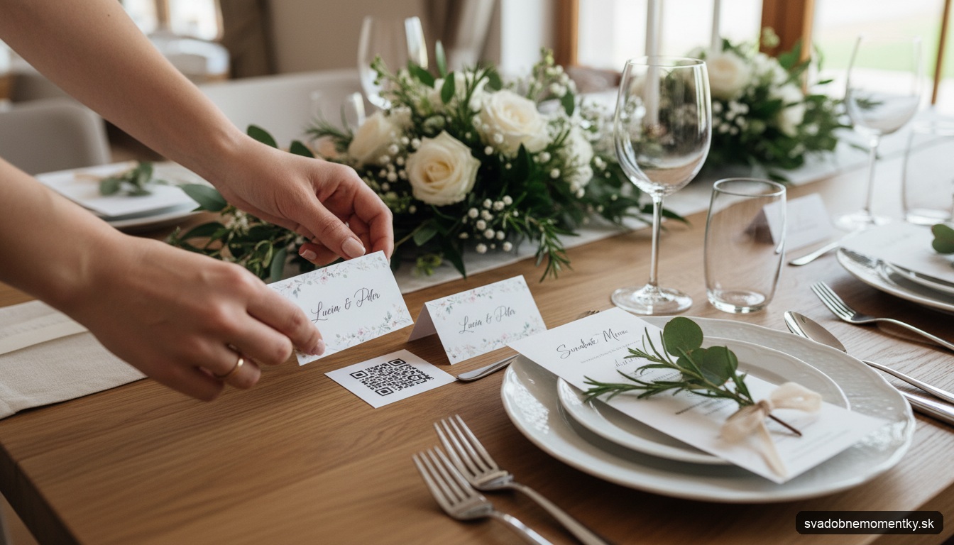 detail: záber na svadobnú kartičku s QR kódom položenú na drevenom stole vedľa menu a menovky