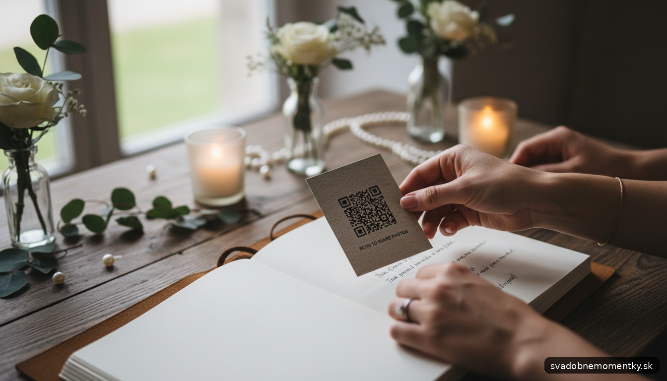 detail: ruky držia svadobnú kartičku s QR kódom na zdieľanie fotografií, vidno malé množstvo elegantných svadobných deko