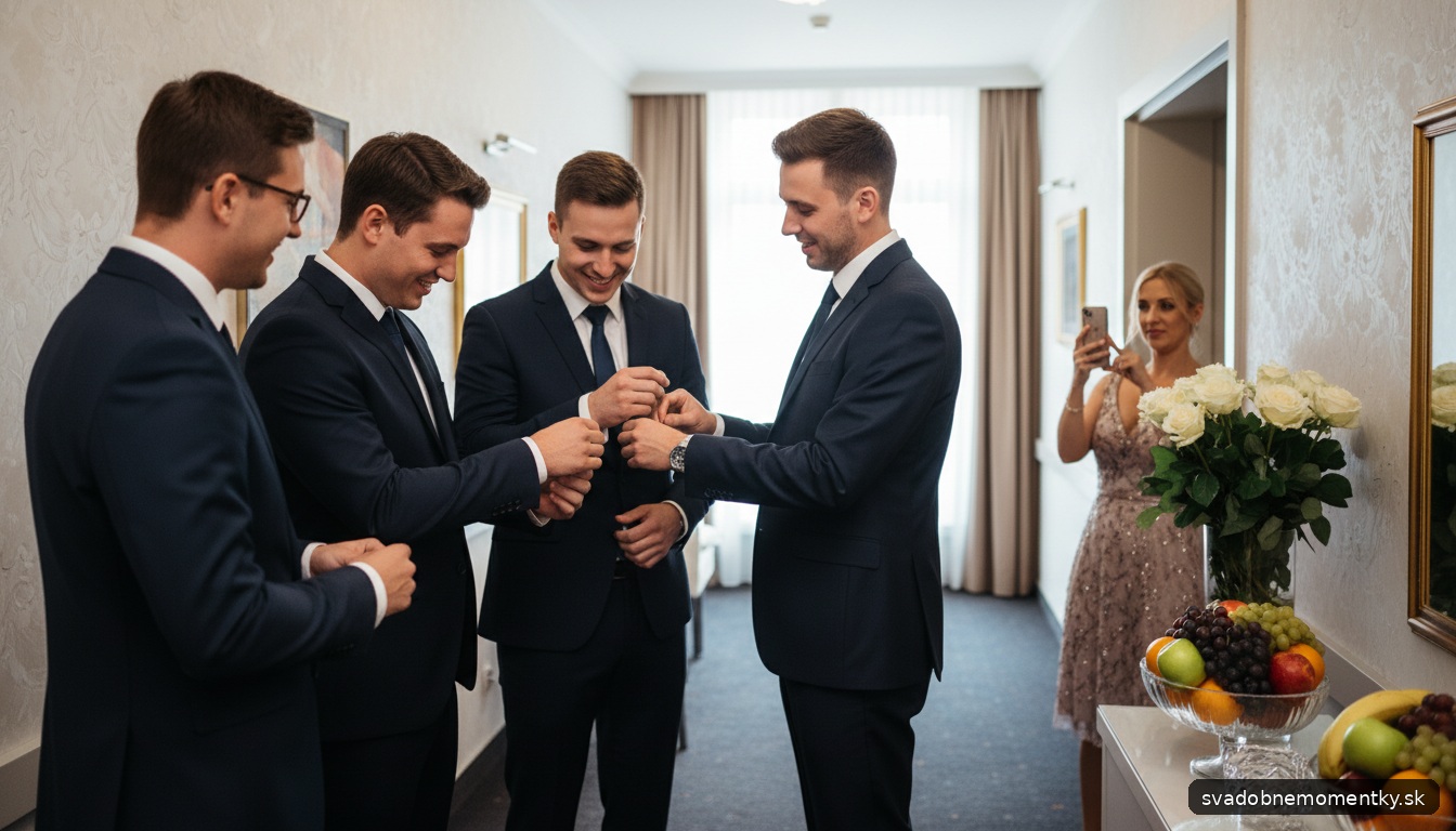 moment: živá situácia, kde hostia na svadobnom dvore s úsmevmi fotografujú svadobnú výzdobu s ovocím, zachytený spontánn