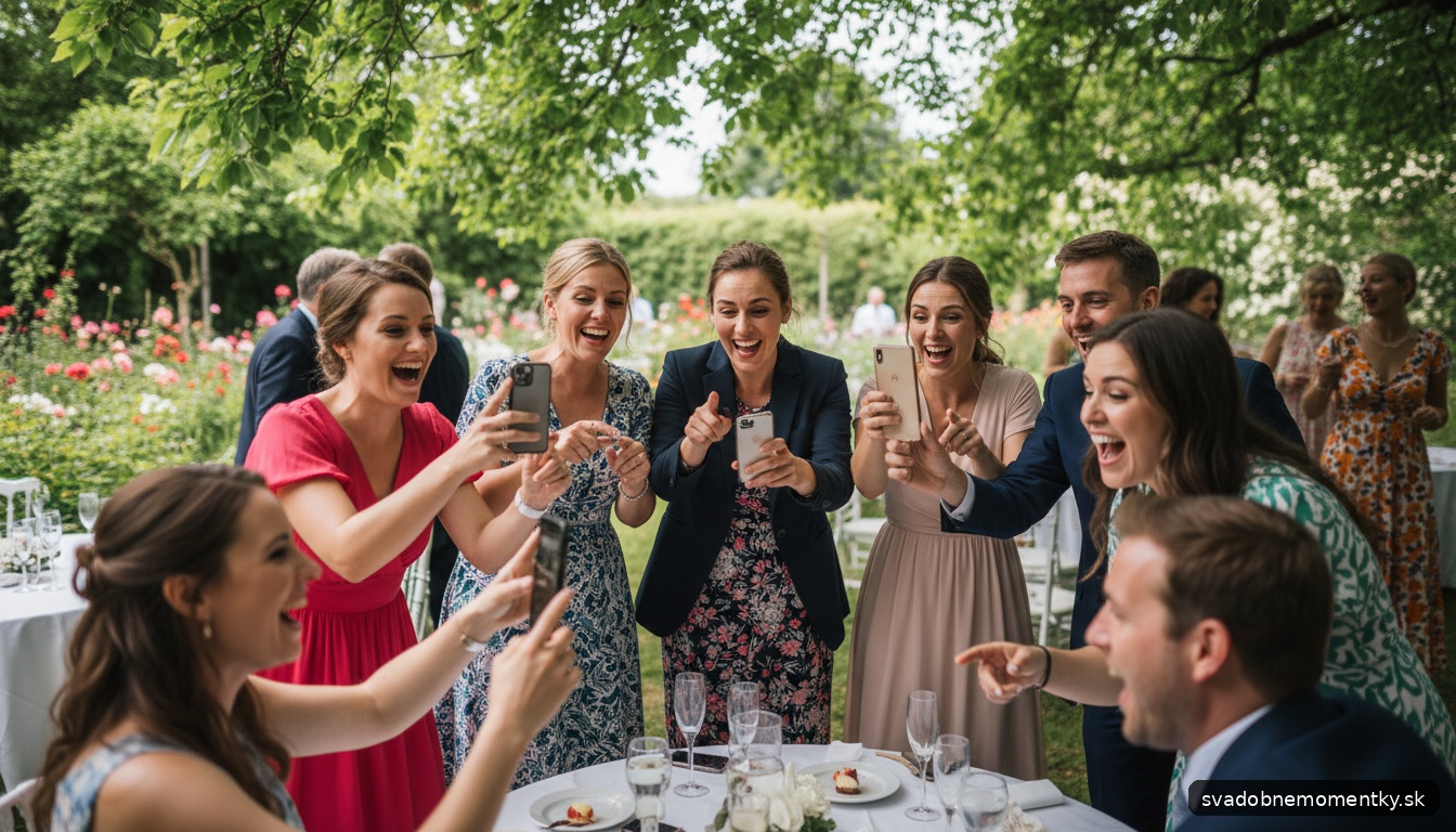 moment: skupina hostí s mobilmi pri zdieľaní fotografií, smiech a pohyb, dokumentárny štýl fotenia zachytávajúci živú at