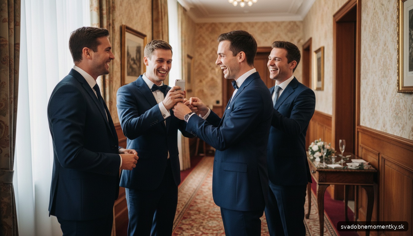 moment: skupina hostí sa smeje a fotí si navzájom pri svadobnej zábave, žiaden portrét, len spontánne momenty a emócie