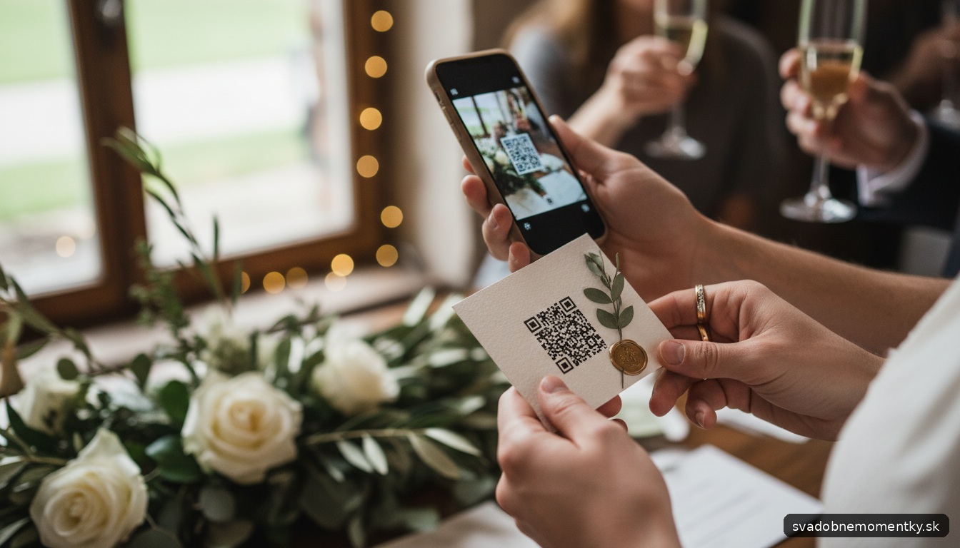 detail: ruky držia svadobnú kartičku s QR kódom, viditeľné sú obrúčky a drobné svadobné dekorácie v pozadí