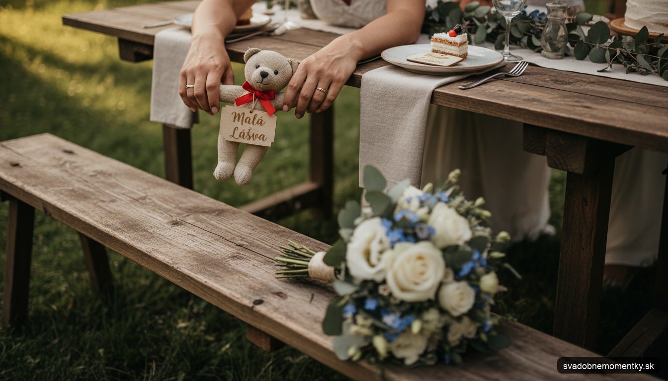 detail: ruky rodiča držiaceho detskú menovku a obľúbenú detskú hračku pri svadobnom stole