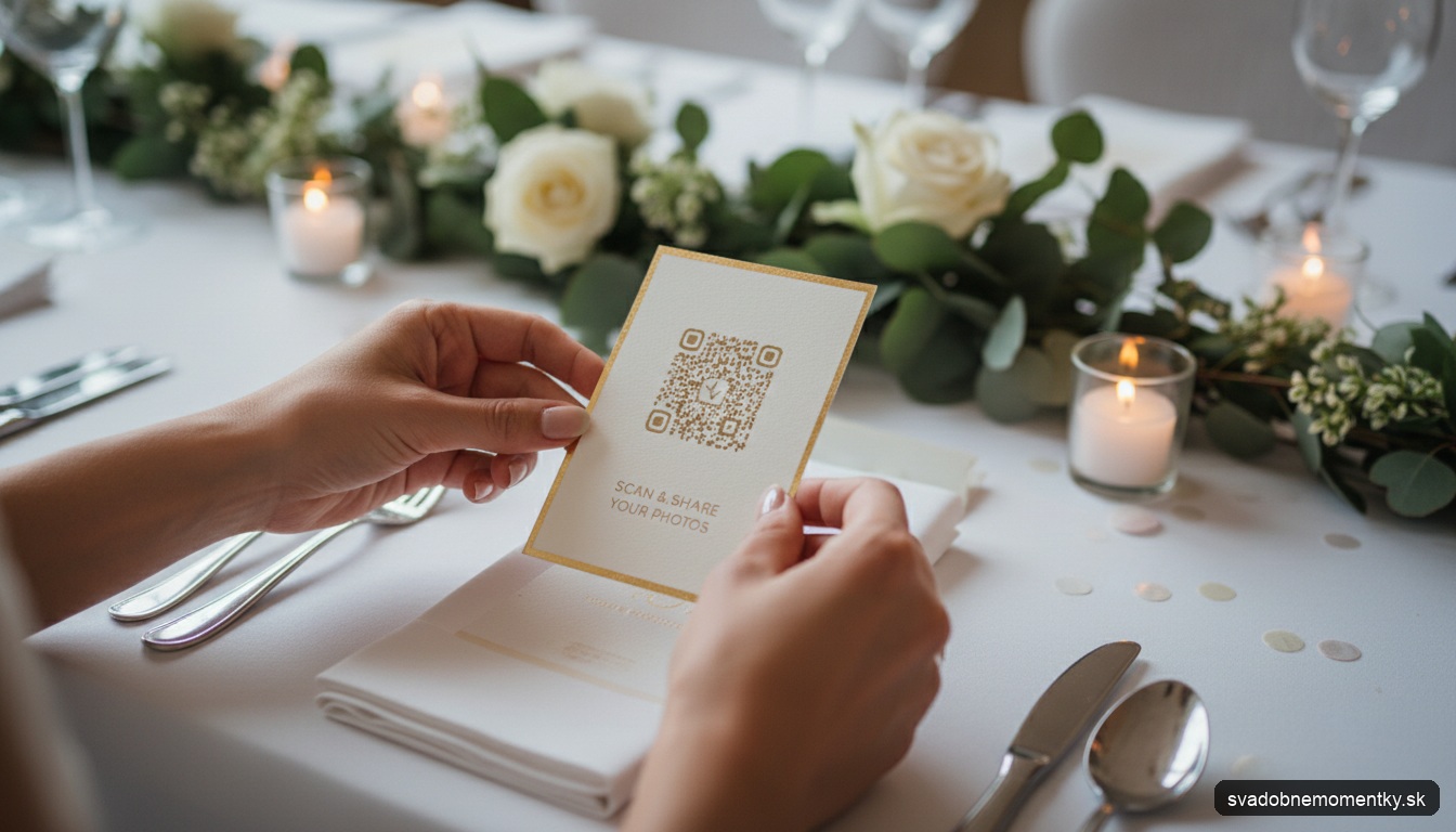 detail: ruky držiace elegantnú kartičku s QR kódom určeným na nahrávanie svadobných fotografií, na pozadí jemne rozmazan